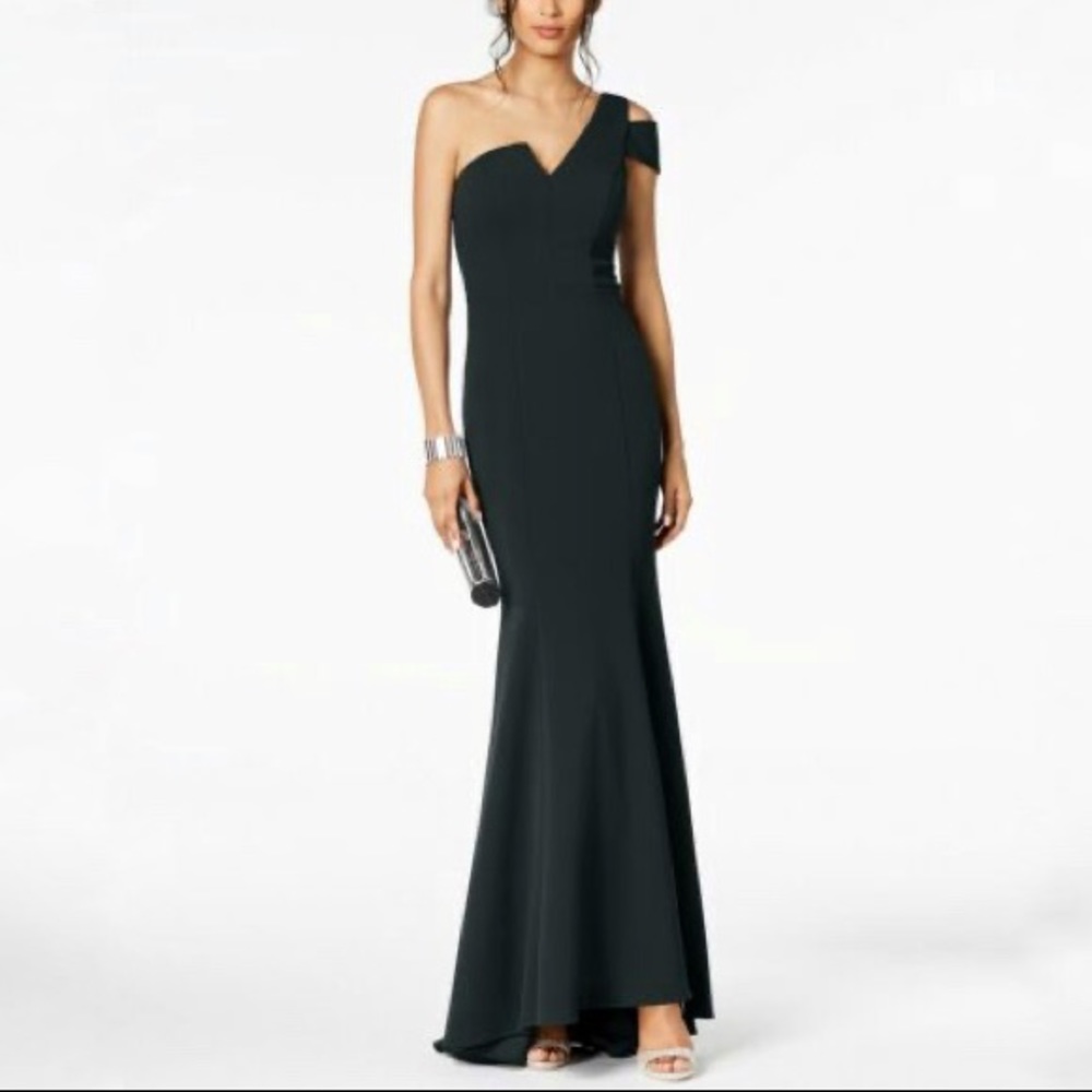 NWT Betsy & Adam Black One-Shoulder A-Line Gown 12